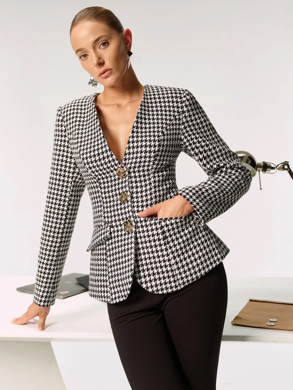 Commense Black White Metal Button Houndstooth Blazer S - Picture 5 of 9